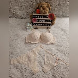 🩵 M 3pc Dream Angels Lace Coconut White Bra, Thong & V-String Set 🩵